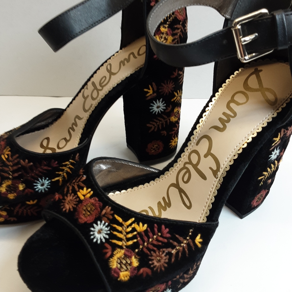 Sam Edelman Black Velvet Floral Embroidered Platform Heels